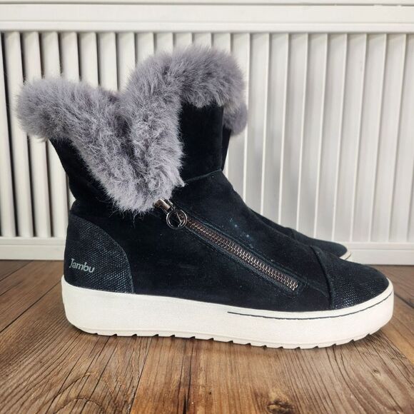 Jambu Erica Womens Sz 8M Black Faux Fur Zip Suede Ankle Winter Booties Boots - Picture 1 of 10